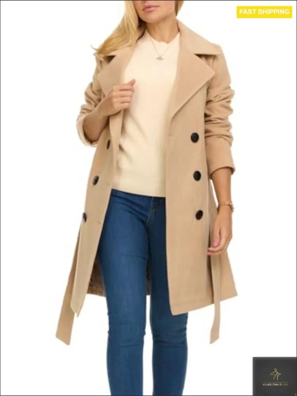 Double-Breasted Trench Coat Faux Wool Classic Elegant Winter Overcoat Fitted - Picture 2 of 7